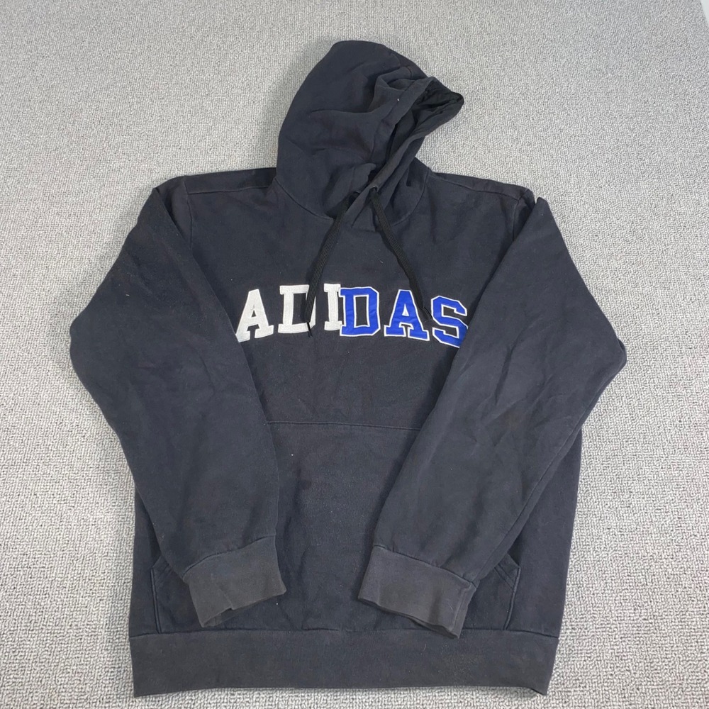 Adidas Hoodie Mens Large Black Blue White Logo Pullover Sweatshirt Athletic Gear